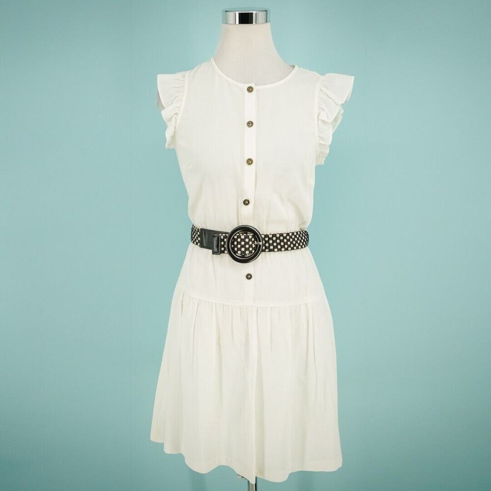 Trina Turk Size 2 White Button Flutter Sleeve Fit Flare Belted Cotton Dress
